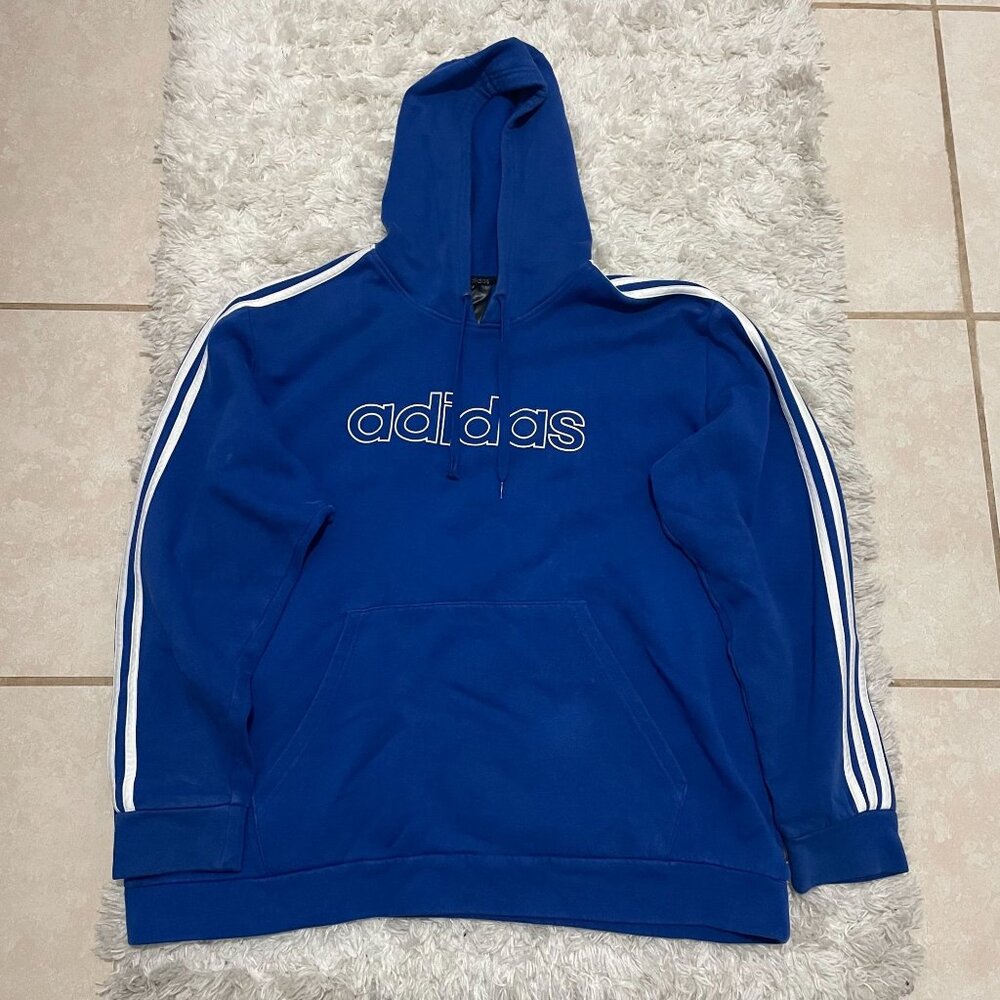 Adidas Blue Mens Pullover Hoodie White Stripes Logo Size 2XL Fleece-Lined